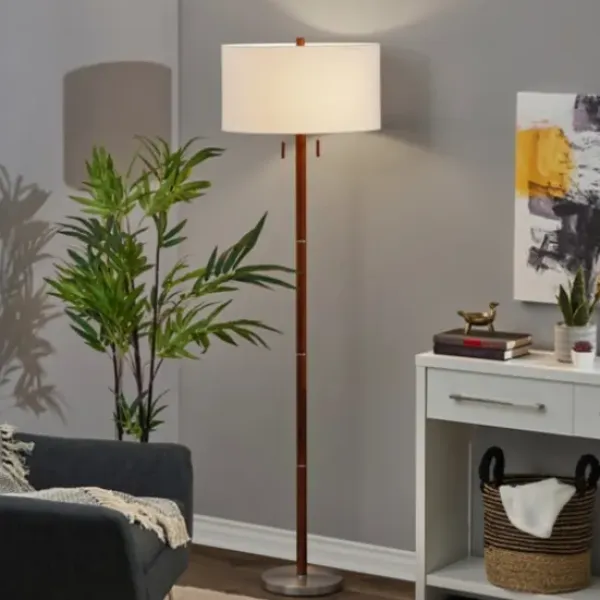 Floor Lamps-Kirkland's Home Walnut Wood And Silver Floor Lamp, 66 In. White