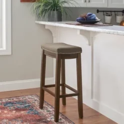 Bar Stools & Counter Height Stools-Kirkland's Home Walnut Wood Bar Stool With Cushion Gray