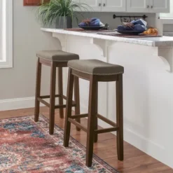 Bar Stools & Counter Height Stools-Kirkland's Home Walnut Wood Bar Stool With Cushion Gray