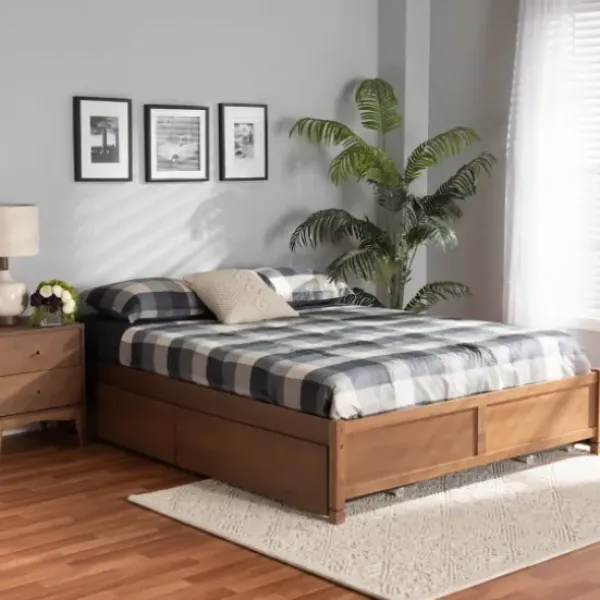 Beds & Headboards-Kirkland's Home Walnut Wood 4-Drawer King Platform Bed Brown