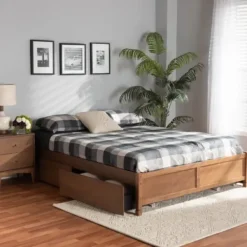 Beds & Headboards-Kirkland's Home Walnut Wood 4-Drawer King Platform Bed Brown