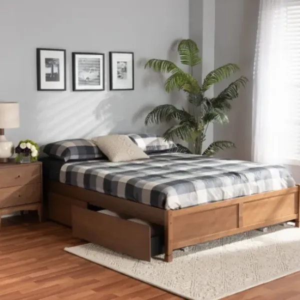 Beds & Headboards-Kirkland's Home Walnut Wood 4-Drawer King Platform Bed Brown
