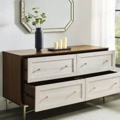 Dressers & Chests-Kirkland's Home Walnut Wood Faced Gold Base Dresser White