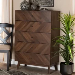 Cabinets & Sideboards-Kirkland's Home Walnut Wood Grain 5-Drawer Chest Brown