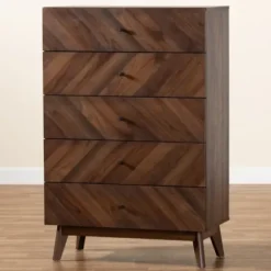 Cabinets & Sideboards-Kirkland's Home Walnut Wood Grain 5-Drawer Chest Brown