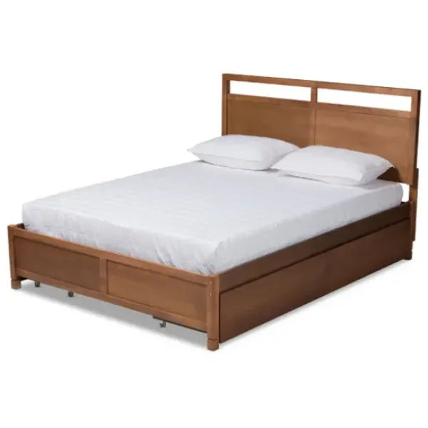 Beds & Headboards-Kirkland's Home Walnut Wood Headboard 4-Drawer Full Platform Bed Brown
