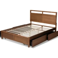 Beds & Headboards-Kirkland's Home Walnut Wood Headboard 4-Drawer Full Platform Bed Brown
