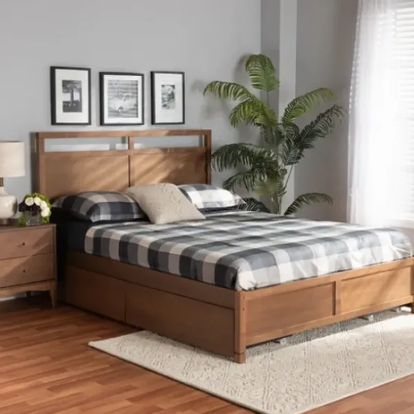 Beds & Headboards-Kirkland's Home Walnut Wood Headboard 4-Drawer Full Platform Bed Brown