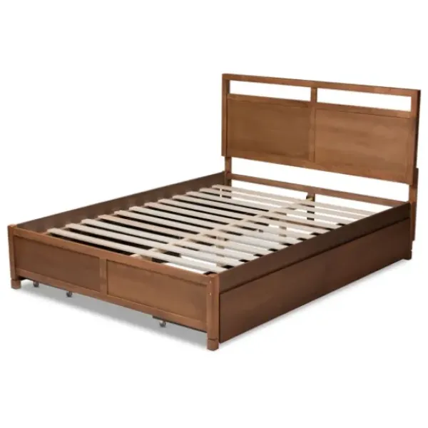 Beds & Headboards-Kirkland's Home Walnut Wood Headboard 4-Drawer King Platform Bed Brown