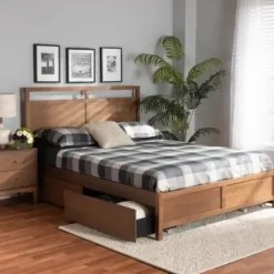 Beds & Headboards-Kirkland's Home Walnut Wood Headboard 4-Drawer King Platform Bed Brown