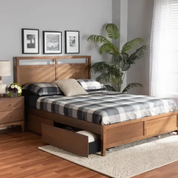 Beds & Headboards-Kirkland's Home Walnut Wood Headboard 4-Drawer King Platform Bed Brown