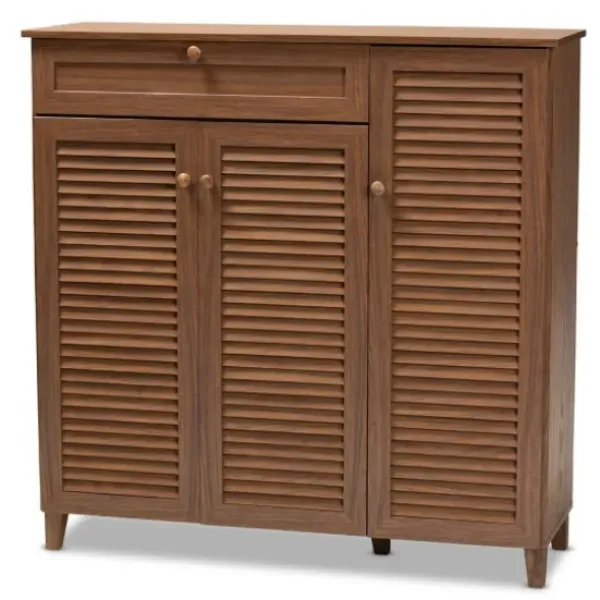 Entryway Furniture-Kirkland's Home Walnut Wood 11-Shelf Paneled Shoe Cabinet Brown
