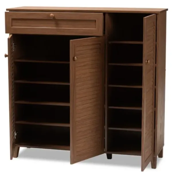 Entryway Furniture-Kirkland's Home Walnut Wood 11-Shelf Paneled Shoe Cabinet Brown
