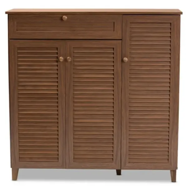 Entryway Furniture-Kirkland's Home Walnut Wood 11-Shelf Paneled Shoe Cabinet Brown