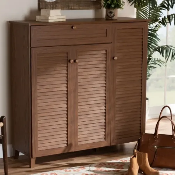 Entryway Furniture-Kirkland's Home Walnut Wood 11-Shelf Paneled Shoe Cabinet Brown