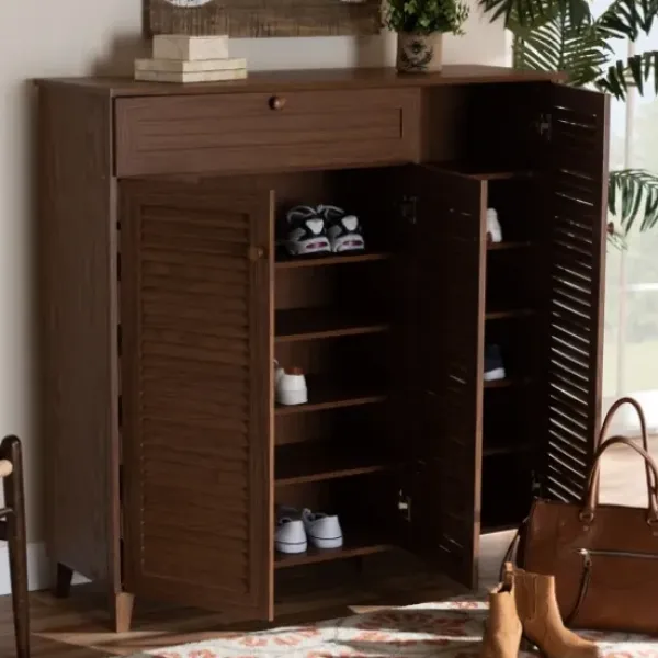 Entryway Furniture-Kirkland's Home Walnut Wood 11-Shelf Paneled Shoe Cabinet Brown