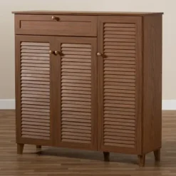 Entryway Furniture-Kirkland's Home Walnut Wood 11-Shelf Paneled Shoe Cabinet Brown