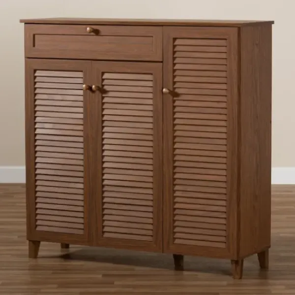 Entryway Furniture-Kirkland's Home Walnut Wood 11-Shelf Paneled Shoe Cabinet Brown