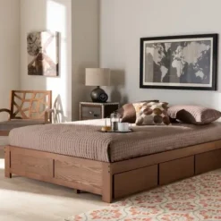 Beds & Headboards-Kirkland's Home Walnut Wooden 3-Drawer Platform Bed Brown