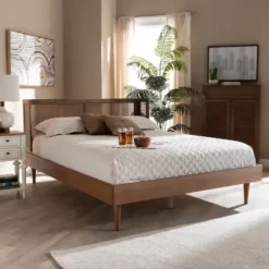 Beds & Headboards-Kirkland's Home Walnut Wrap Around Rattan Queen Bed Frame Brown