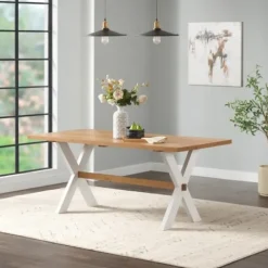 Dining Tables-Kirkland's Home Warm Cherry Birch Trestle Base Dining Table Tan/White