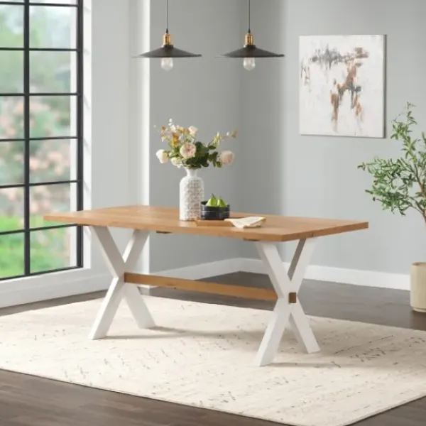 Dining Tables-Kirkland's Home Warm Cherry Birch Trestle Base Dining Table Tan/White