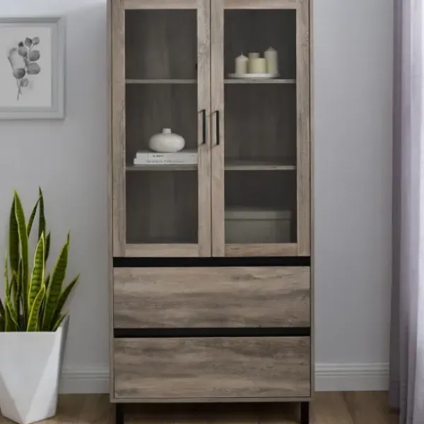 Cabinets & Sideboards-Kirkland's Home Wash Glass Door Storage Hutch Gray