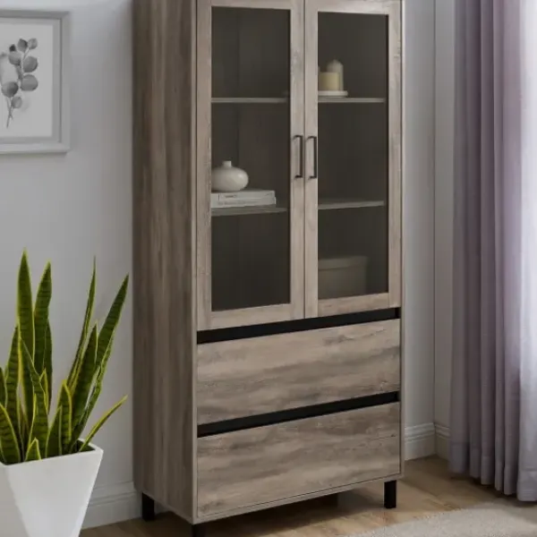 Cabinets & Sideboards-Kirkland's Home Wash Glass Door Storage Hutch Gray