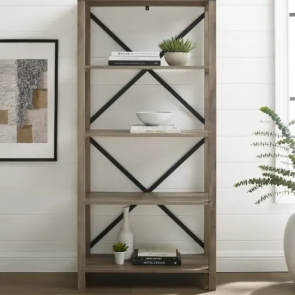 Bookshelves-Kirkland's Home Wash Metal X Frame Back Bookshelf Gray