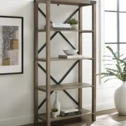 Bookshelves-Kirkland's Home Wash Metal X Frame Back Bookshelf Gray