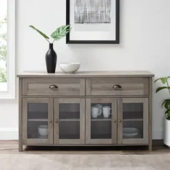 Cabinets & Sideboards-Kirkland's Home Wash Rustic Glass Front Sideboard Gray