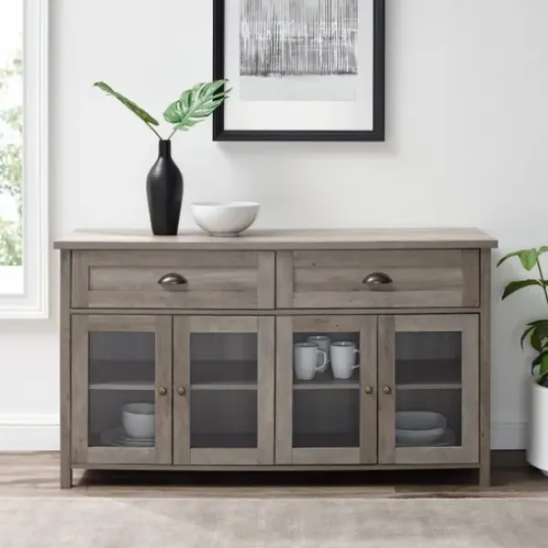 Cabinets & Sideboards-Kirkland's Home Wash Rustic Glass Front Sideboard Gray