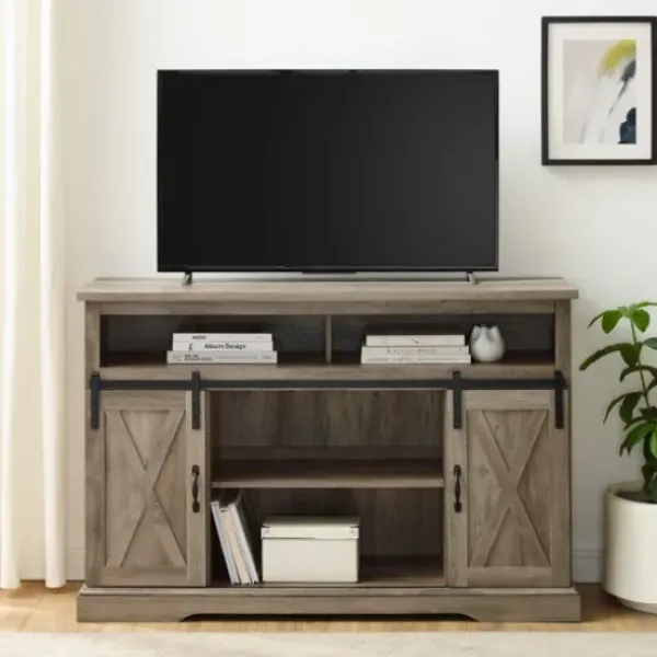 Tv Stands & Media Consoles-Kirkland's Home Wash Sliding Barn Door Highboy Tv Stand Gray