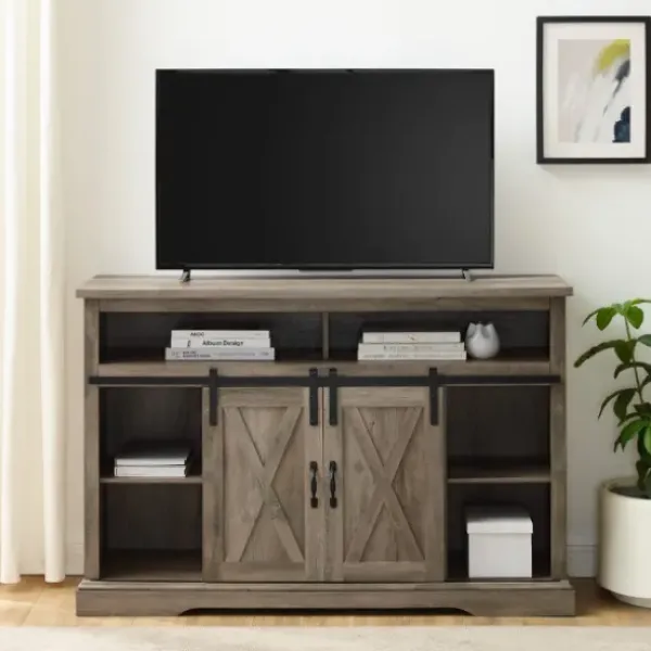 Tv Stands & Media Consoles-Kirkland's Home Wash Sliding Barn Door Highboy Tv Stand Gray