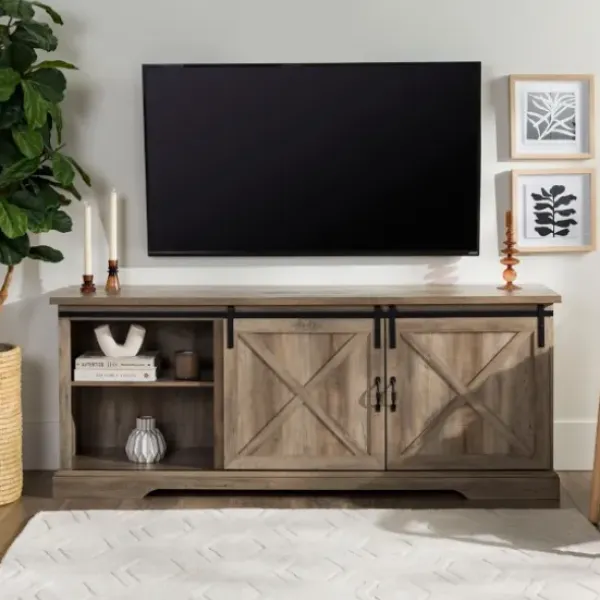 Tv Stands & Media Consoles-Kirkland's Home Wash Sliding Barn Door Tv Stand Gray
