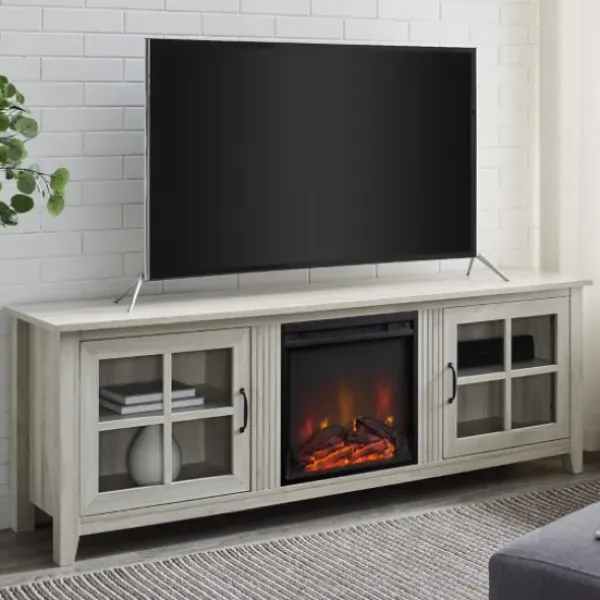 Tv Stands & Media Consoles-Kirkland's Home Wash Windowpane Fireplace Cabinet White
