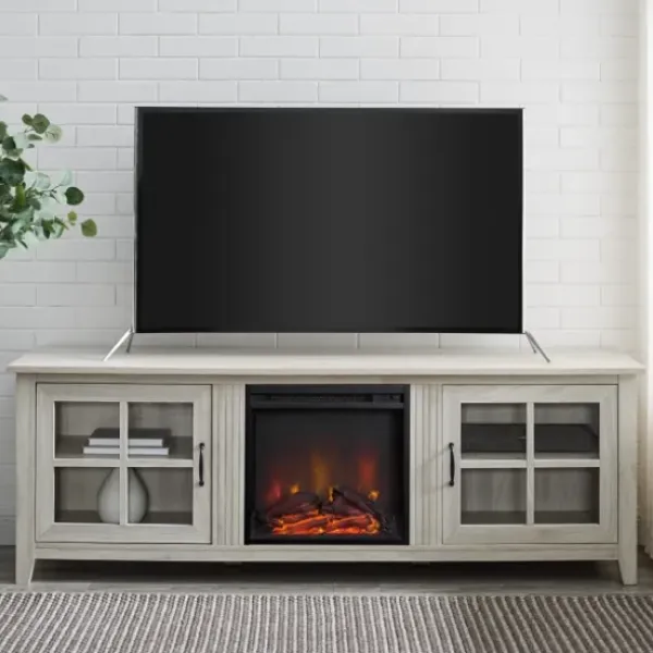 Tv Stands & Media Consoles-Kirkland's Home Wash Windowpane Fireplace Cabinet White