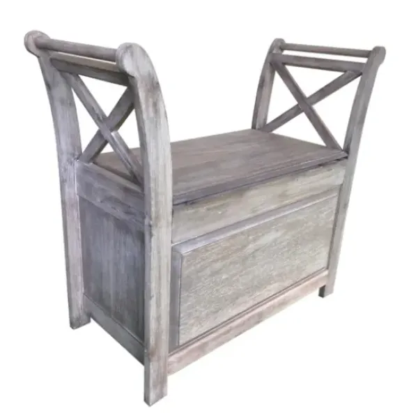 Benches & Ottomans-Kirkland's Home Washed Acacia Wood Storage Bench With Arms Gray/White