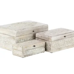 Baskets & Boxes-Kirkland's Home Washed Floral Carved Wood Boxes, Set Of 3 White
