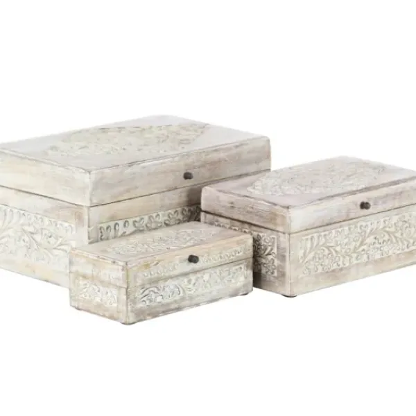 Baskets & Boxes-Kirkland's Home Washed Floral Carved Wood Boxes, Set Of 3 White