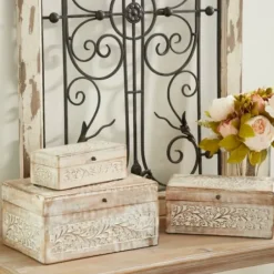 Baskets & Boxes-Kirkland's Home Washed Floral Carved Wood Boxes, Set Of 3 White
