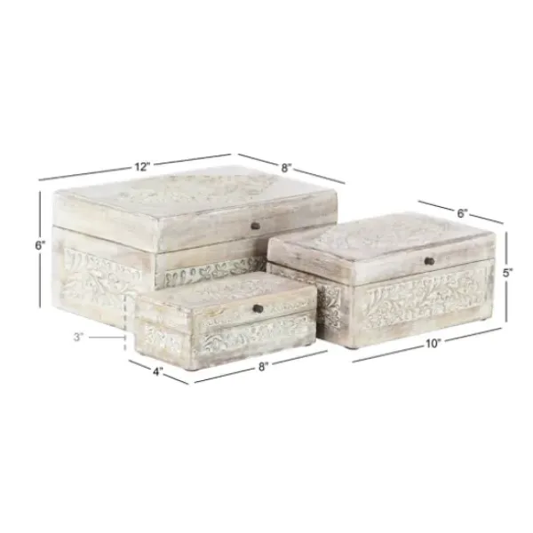 Baskets & Boxes-Kirkland's Home Washed Floral Carved Wood Boxes, Set Of 3 White