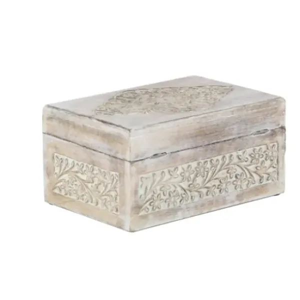 Baskets & Boxes-Kirkland's Home Washed Floral Carved Wood Boxes, Set Of 3 White