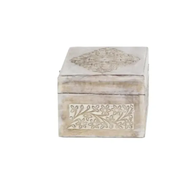 Baskets & Boxes-Kirkland's Home Washed Floral Carved Wood Boxes, Set Of 3 White