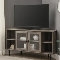 Tv Stands & Media Consoles-Kirkland's Home Washed Glass Door Corner Tv Stand Gray