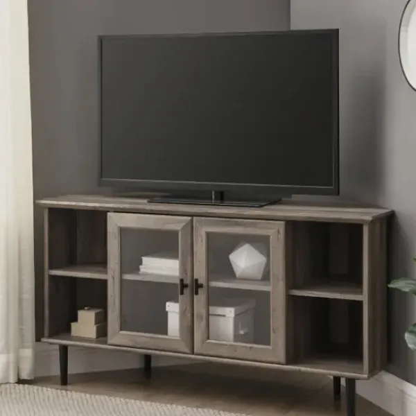 Tv Stands & Media Consoles-Kirkland's Home Washed Glass Door Corner Tv Stand Gray