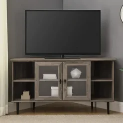 Tv Stands & Media Consoles-Kirkland's Home Washed Glass Door Corner Tv Stand Gray
