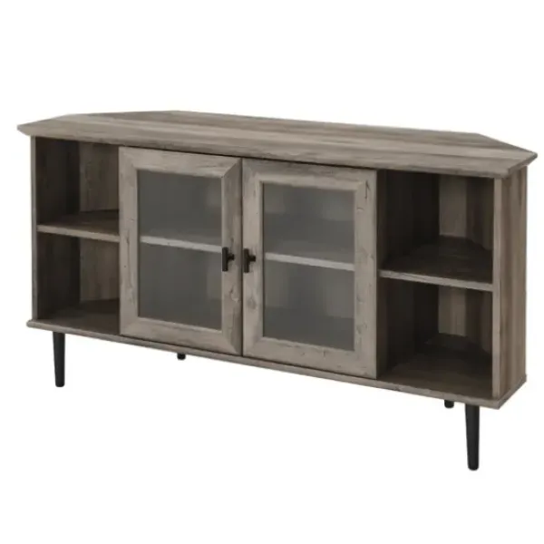 Tv Stands & Media Consoles-Kirkland's Home Washed Glass Door Corner Tv Stand Gray