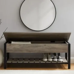 Entryway Furniture-Kirkland's Home Washed Lift-Top Storage Bench Gray