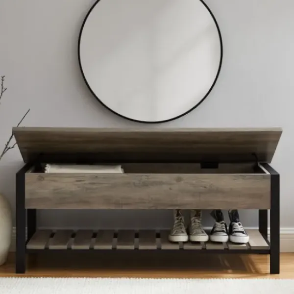 Entryway Furniture-Kirkland's Home Washed Lift-Top Storage Bench Gray